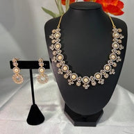 Pearl CZ Gold Tone Necklace Earrings Set Indian Pakistani Bridal Jewelry