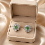 Green Stone Halo Stud Earrings Silver Tone CZ Statement Jewelry