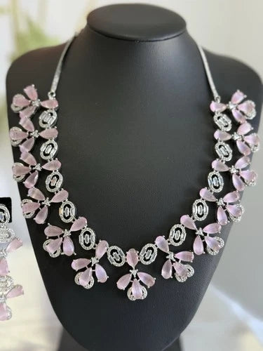 Light Pink CZ Flower Necklace Earrings Set Silver Tone Pakistani Jewelry