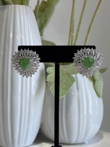 Green Stone Halo Stud Earrings Silver Tone CZ Statement Jewelry