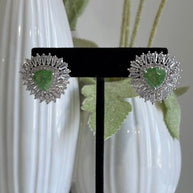 Green Stone Halo Stud Earrings Silver Tone CZ Statement Jewelry