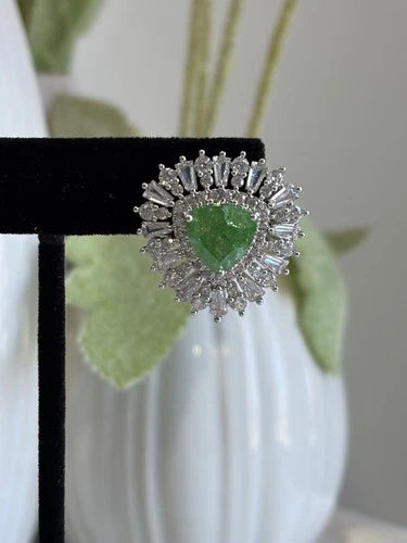Green Stone Halo Stud Earrings Silver Tone CZ Statement Jewelry