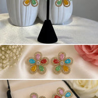 Multicolor Flower CZ Gold Tone Stud Earrings Pakistani Indian Jewelry