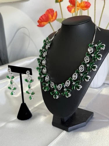 Emerald Green CZ Flower Necklace Earrings Set Silver Tone Pakistani Jewelry