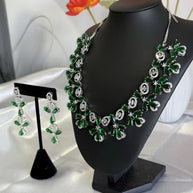 Emerald Green CZ Flower Necklace Earrings Set Silver Tone Pakistani Jewelry