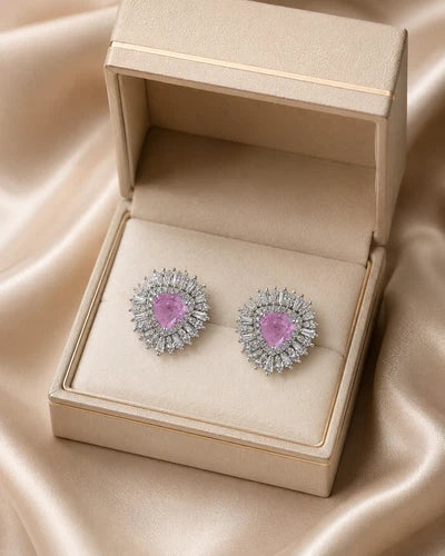 Pink Stone Halo Stud Earrings Silver Tone CZ Statement Jewelry