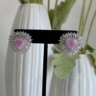Pink Stone Halo Stud Earrings Silver Tone CZ Statement Jewelry