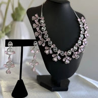 Light Pink CZ Flower Necklace Earrings Set Silver Tone Pakistani Jewelry