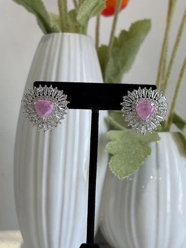 Pink Stone Halo Stud Earrings Silver Tone CZ Statement Jewelry