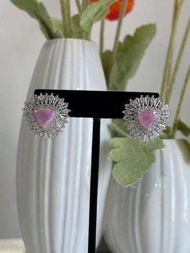 Pink Stone Halo Stud Earrings Silver Tone CZ Statement Jewelry